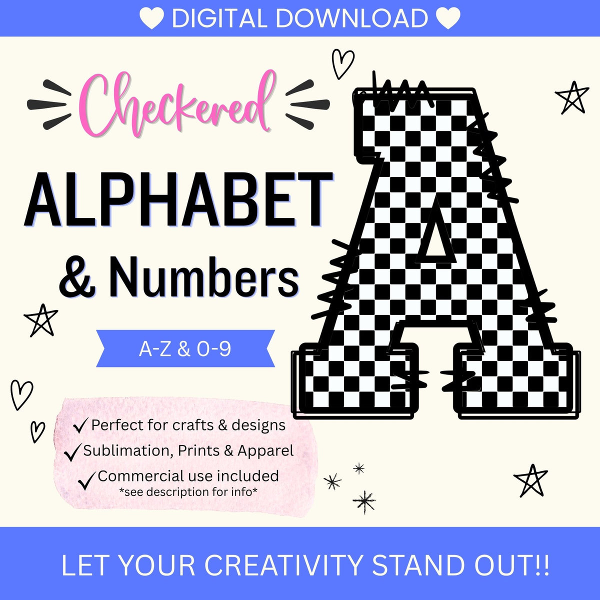 Checkered Varsity Doodle Alphabet & Numbers PNG Bundle | 36 High-Resolution Digital Clipart Files | Commercial Use Alphabet | A-Z & 0-9 PNG Download