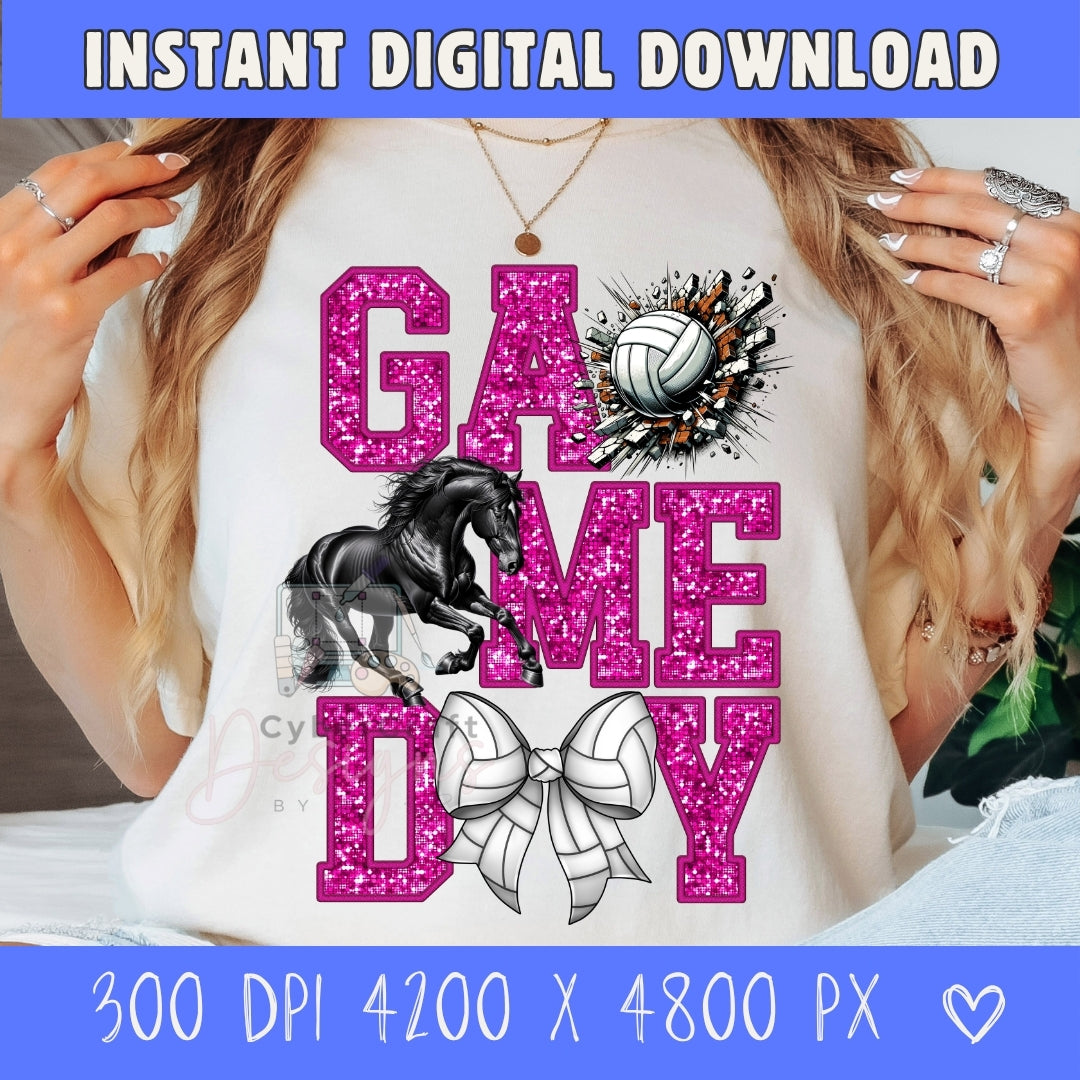 A woman wearing a white graphic sweatshirt with a bright pink glitter-style 'GAME DAY' design, including a black horse, volleyball, and ribbon motifs. The image includes a blue banner at the top reading 'INSTANT DIGITAL DOWNLOAD' and a blue banner at the bottom with file size details.