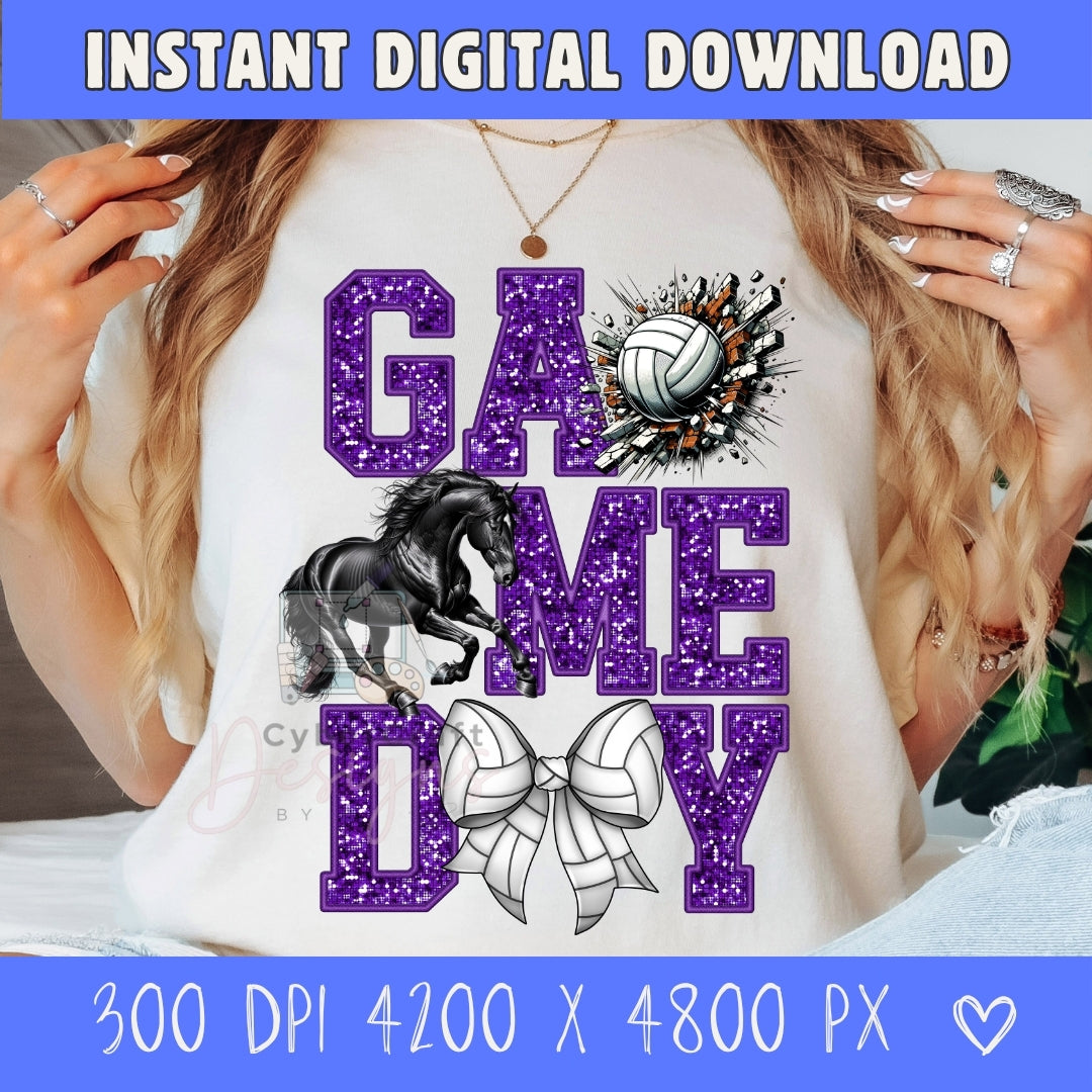 A woman wearing a white sweatshirt with a purple glitter 'GAME DAY' graphic, featuring a black horse, volleyball, and white ribbon design. The image includes a blue banner at the top and bottom with text reading 'INSTANT DIGITAL DOWNLOAD' and size details '300 DPI 4200 X 4800 PX'.