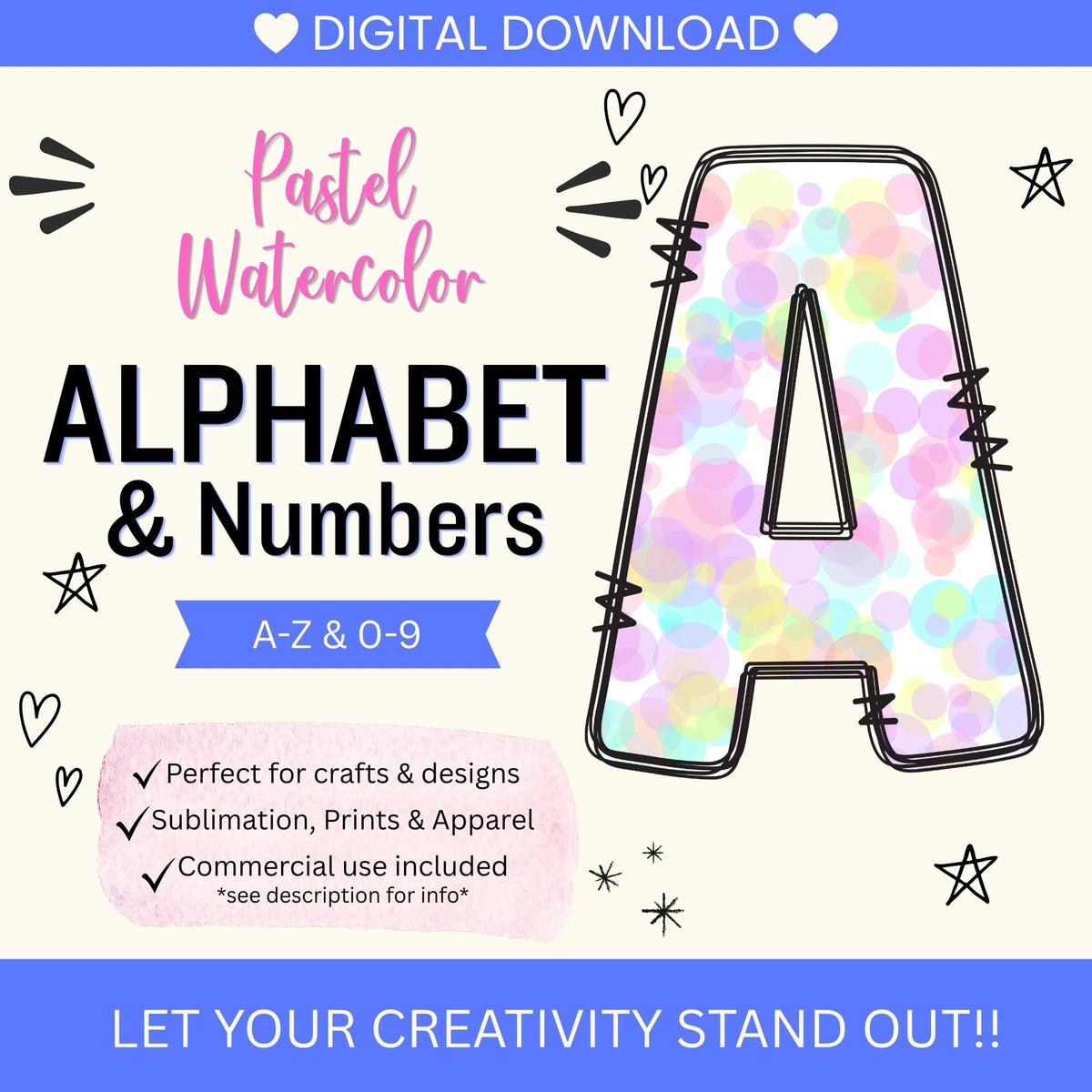 Pastel Watercolor Alphabet Clip Art Bundle PNG | A-Z Letters & 0-9 Numbers | Cute Monogram Alphabet | Commercial Use | Digital Download