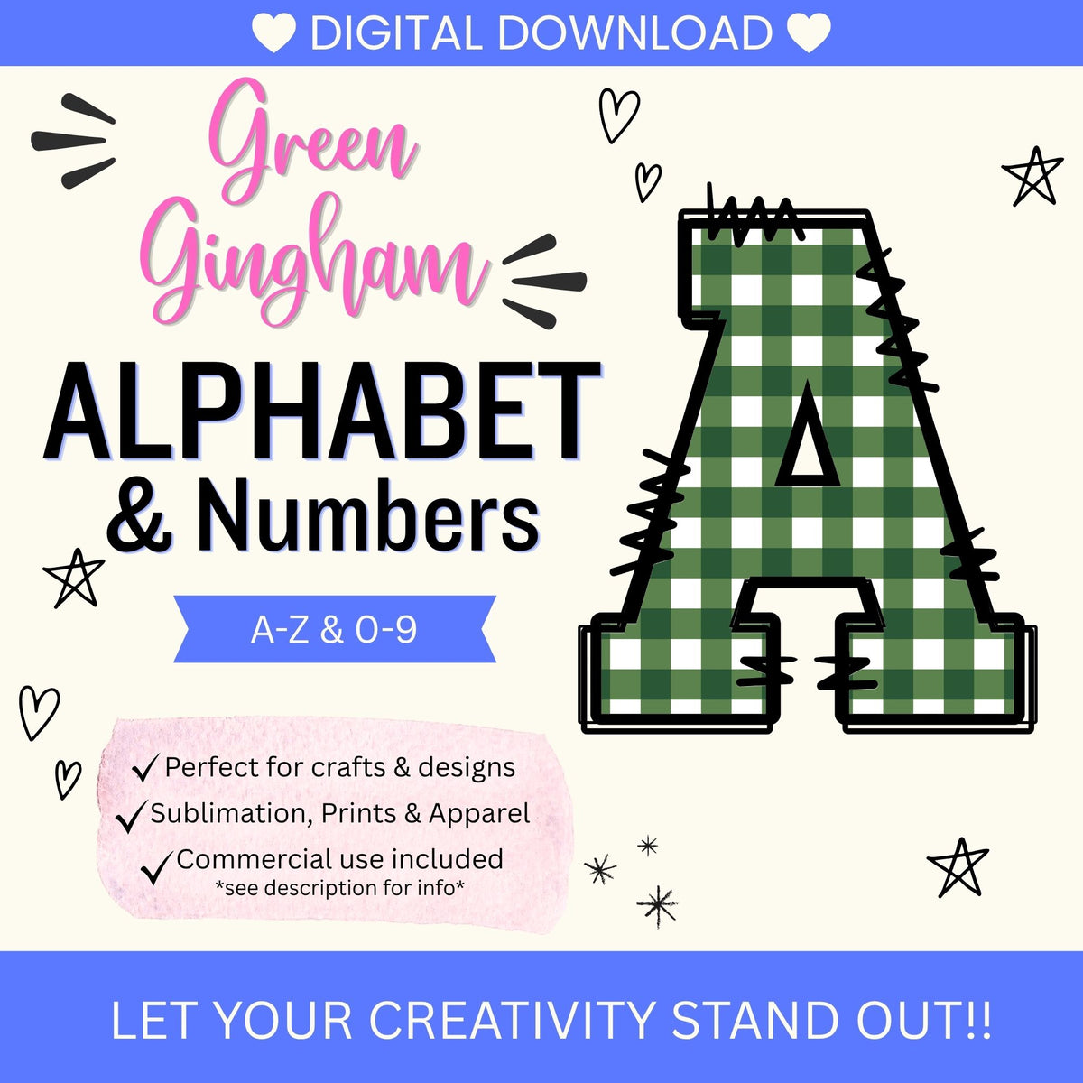 Green Gingham Alphabet Clip Art Bundle PNG | A-Z Letters & 0-9 Numbers | Commercial Use | Sublimation Alphabet | Digital Download | Printable Monogram Letters