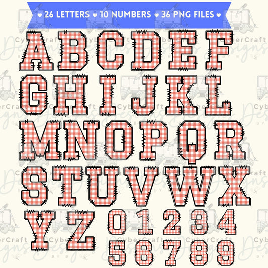 Pink Gingham Alphabet Clip Art Bundle PNG | A-Z Letters & 0-9 Numbers | Commercial Use | Sublimation Alphabet | Digital Download | Printable Monogram Letters