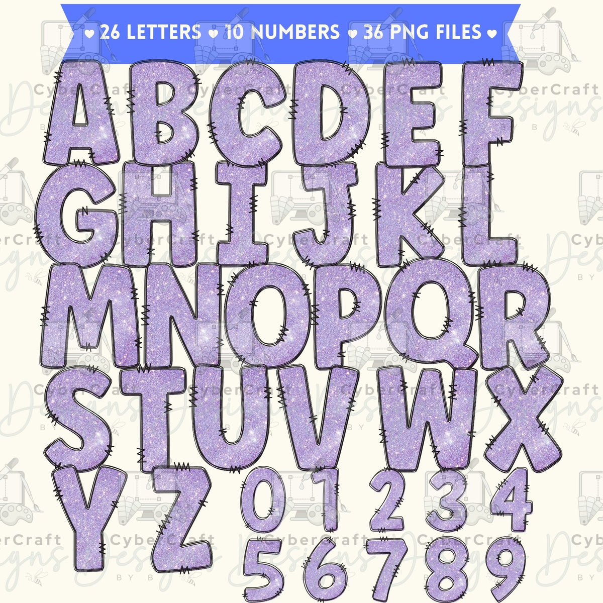 Purple Glitter Alphabet Clip Art Bundle PNG | A-Z Letters & 0-9 Numbers | Sparkle Monogram Alphabet | Commercial Use | Digital Download