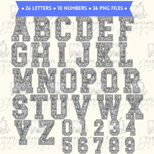 Silver Glitter Varsity Alphabet & Number Clip Art Bundle PNG | A-Z Letters & 0-9 Numbers | Commercial Use | Sublimation Alphabet | Digital Download