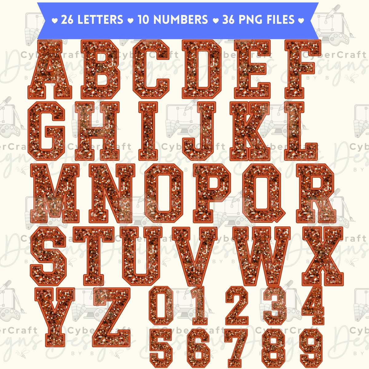 Orange Glitter Varsity Alphabet & Number Clip Art Bundle PNG | A-Z Letters & 0-9 Numbers | Commercial Use | Sublimation Alphabet | Digital Download