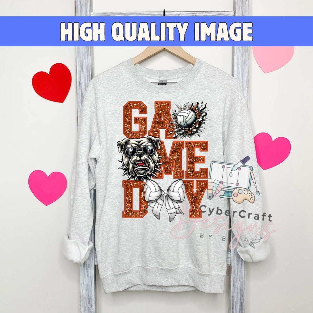 A light gray crewneck sweatshirt hanging on a wooden hanger, featuring a 'Game Day' graphic with a bulldog, volleyball, and football in glittery orange-brown lettering. The sweatshirt is displayed against a white wall with decorative pink and red hearts and a blue banner at the top reading 'HIGH QUALITY IMAGE'.
