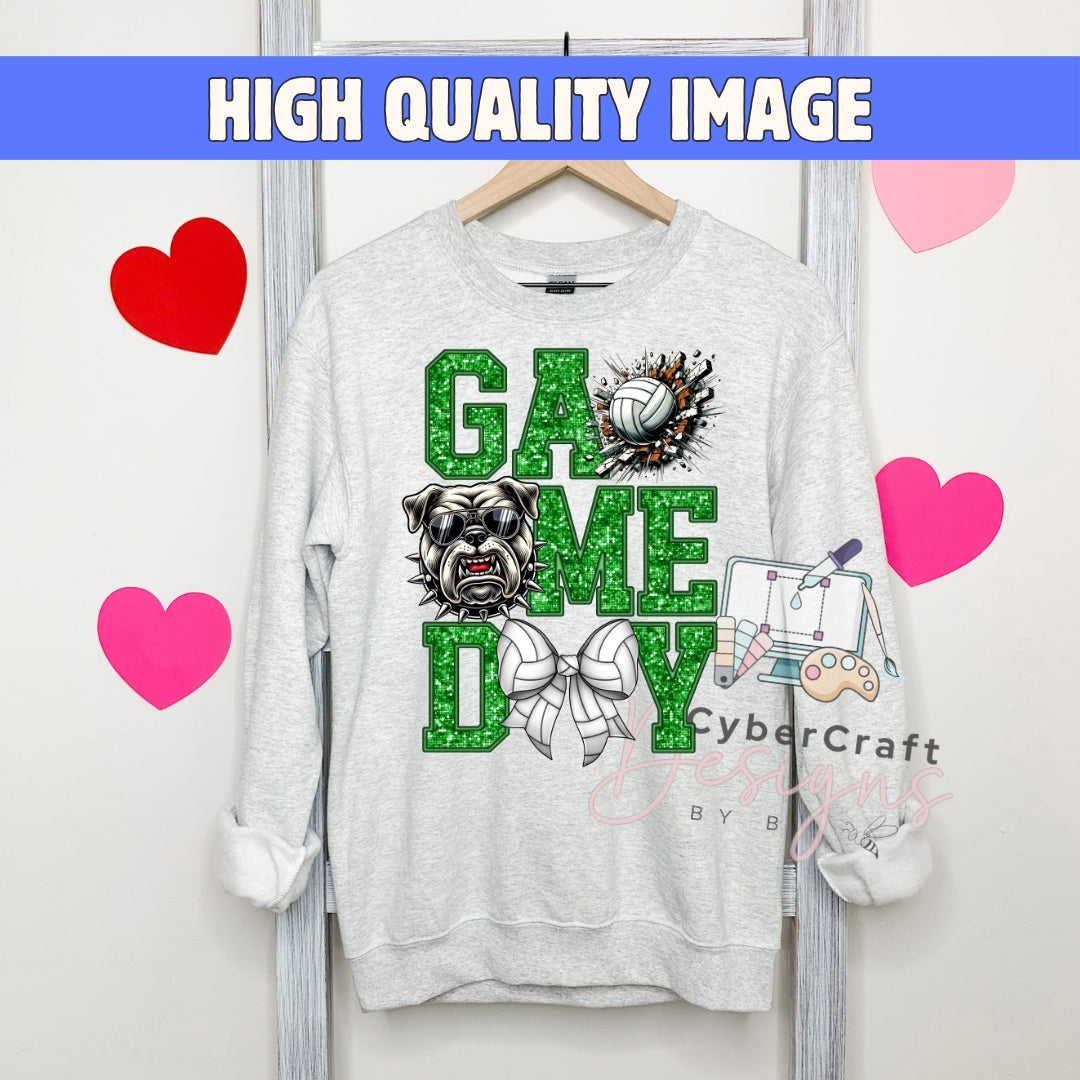 A light gray crewneck sweatshirt hanging on a wooden hanger, featuring a 'GAME DAY' graphic with a pug dog, a volleyball, a bow tie, and a laptop illustration. The background is a white wall with pink and red heart graphics and a blue banner at the top reading 'HIGH QUALITY IMAGE'.