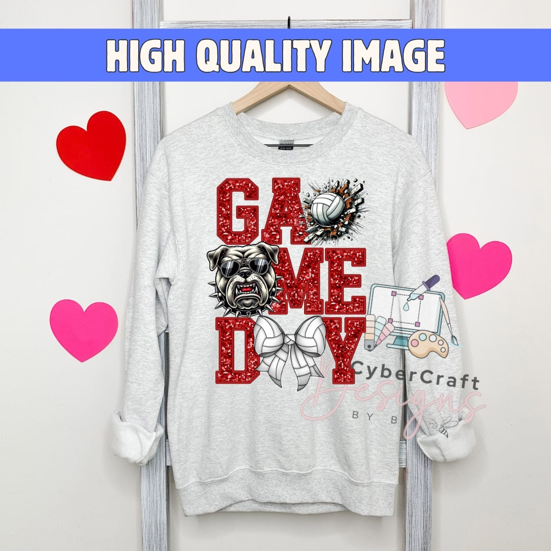 A light gray crewneck sweatshirt hanging on a wooden hanger, featuring a red and black 'GAME DAY' graphic with a bulldog, volleyball, and cartoon graphics. The background is white with pink and red heart cutouts and a blue banner at the top reading 'HIGH QUALITY IMAGE'.