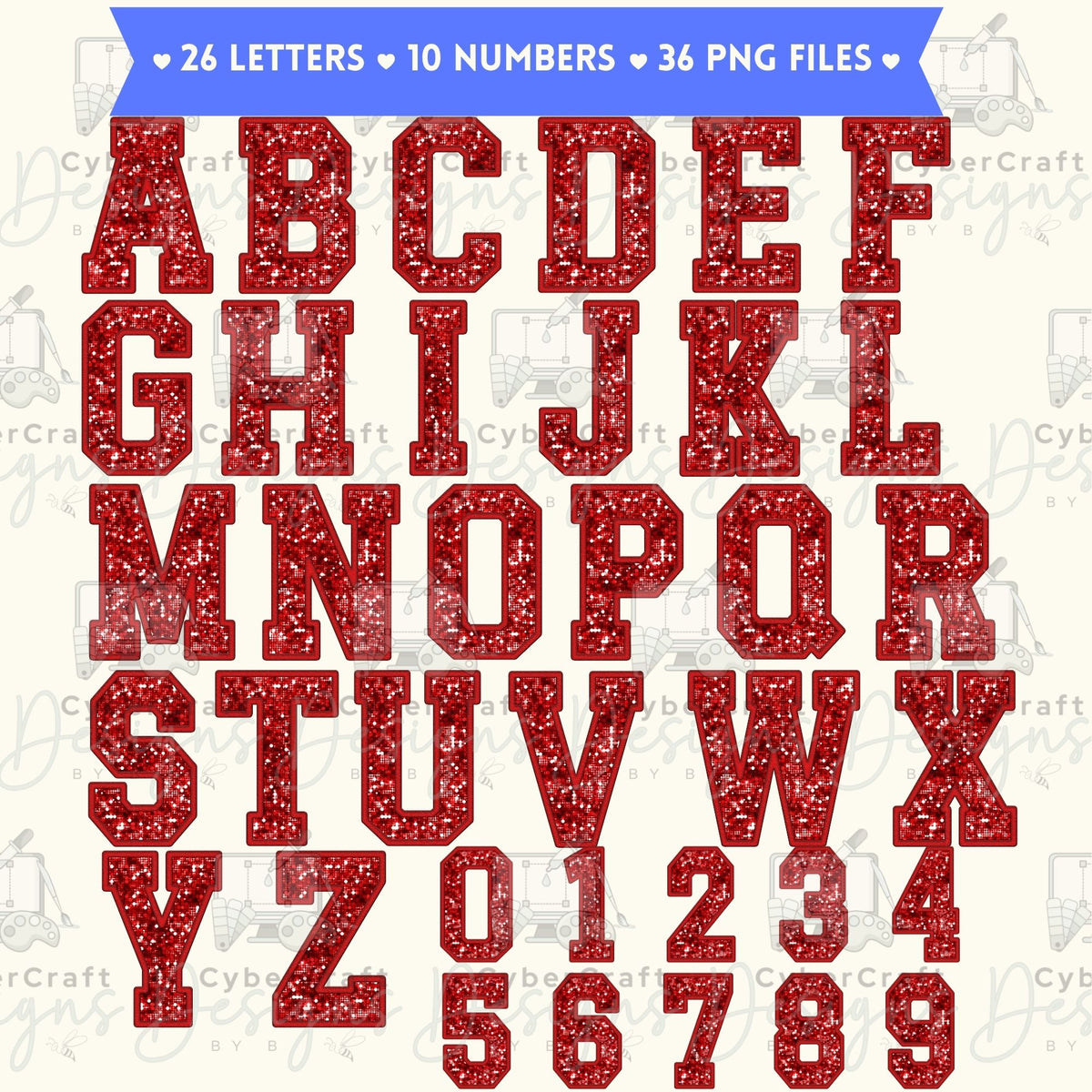 Red Glitter Varsity Alphabet & Number Clip Art Bundle PNG | A-Z Letters & 0-9 Numbers | Commercial Use | Sublimation Alphabet | Digital Download