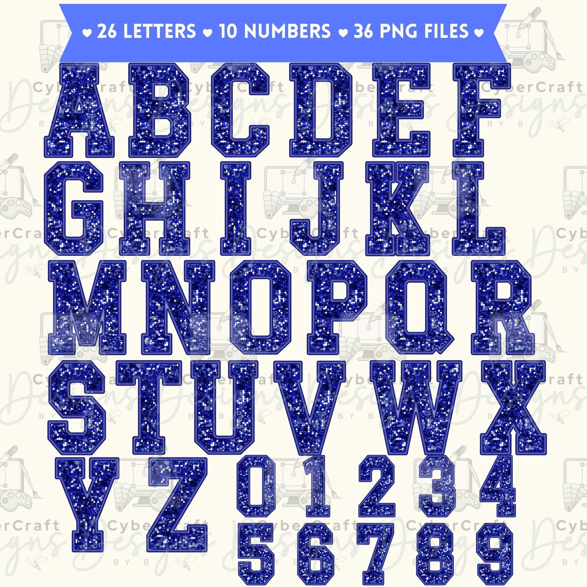 Blue Glitter Varsity Alphabet & Number Clip Art Bundle PNG | A-Z Letters & 0-9 Numbers | Commercial Use | Sublimation Alphabet | Digital Download