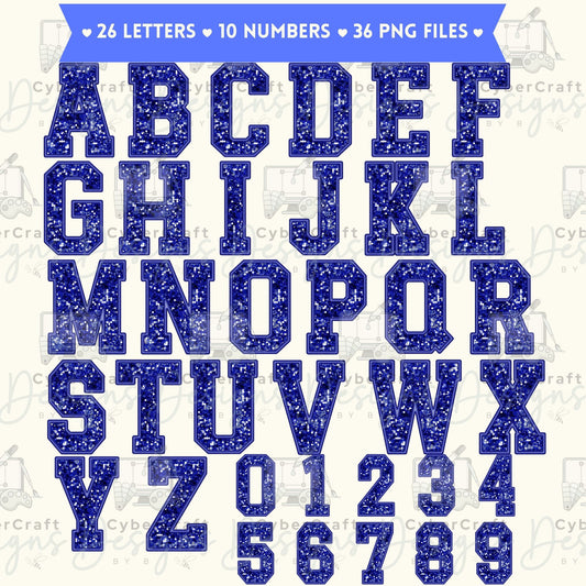 Blue Glitter Varsity Alphabet & Number Clip Art Bundle PNG | A-Z Letters & 0-9 Numbers | Commercial Use | Sublimation Alphabet | Digital Download