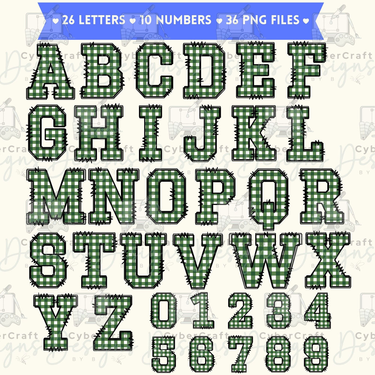 Green Gingham Alphabet Clip Art Bundle PNG | A-Z Letters & 0-9 Numbers | Commercial Use | Sublimation Alphabet | Digital Download | Printable Monogram Letters