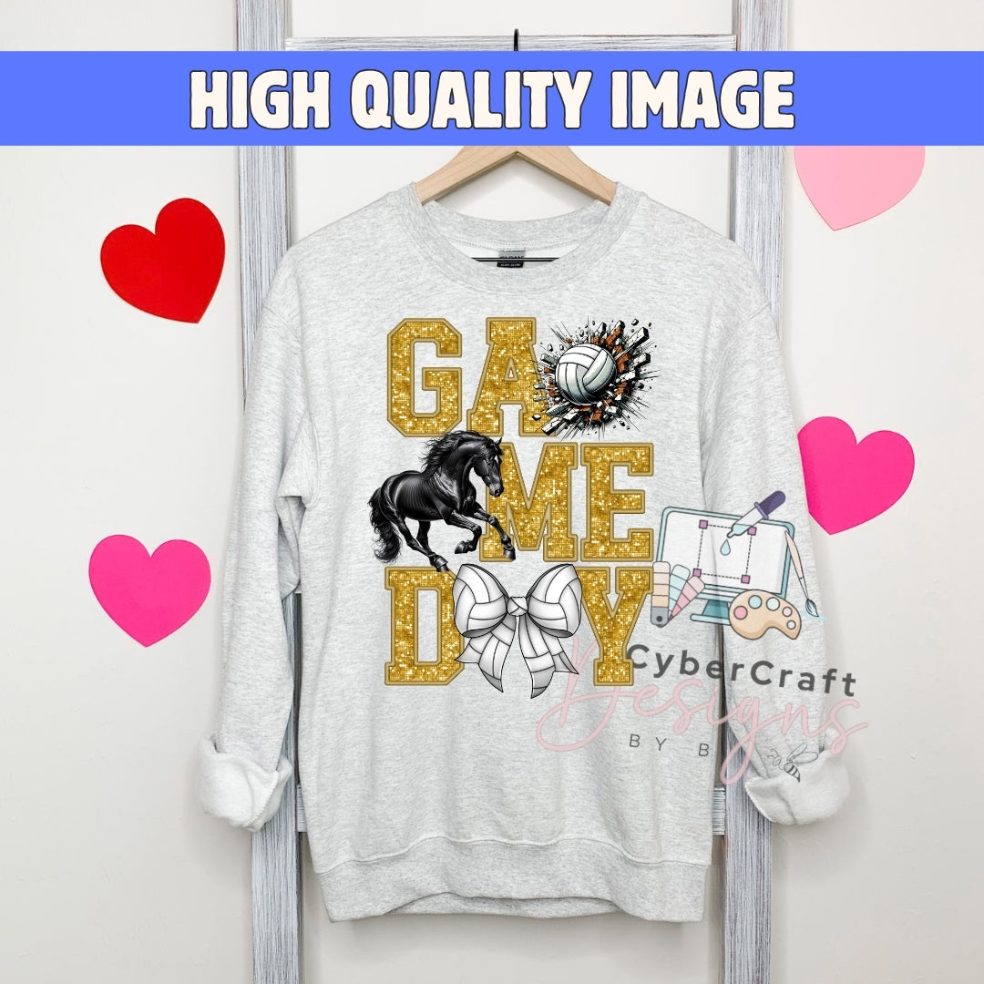 A light gray crewneck sweatshirt hanging on a wooden hanger, featuring a 'GAMETIME' graphic with gold glitter letters, a black horse, a volleyball, a bow, and a gaming controller. The sweatshirt is displayed against a white wall with decorative pink and red hearts and a blue banner at the top reading 'HIGH QUALITY IMAGE'.