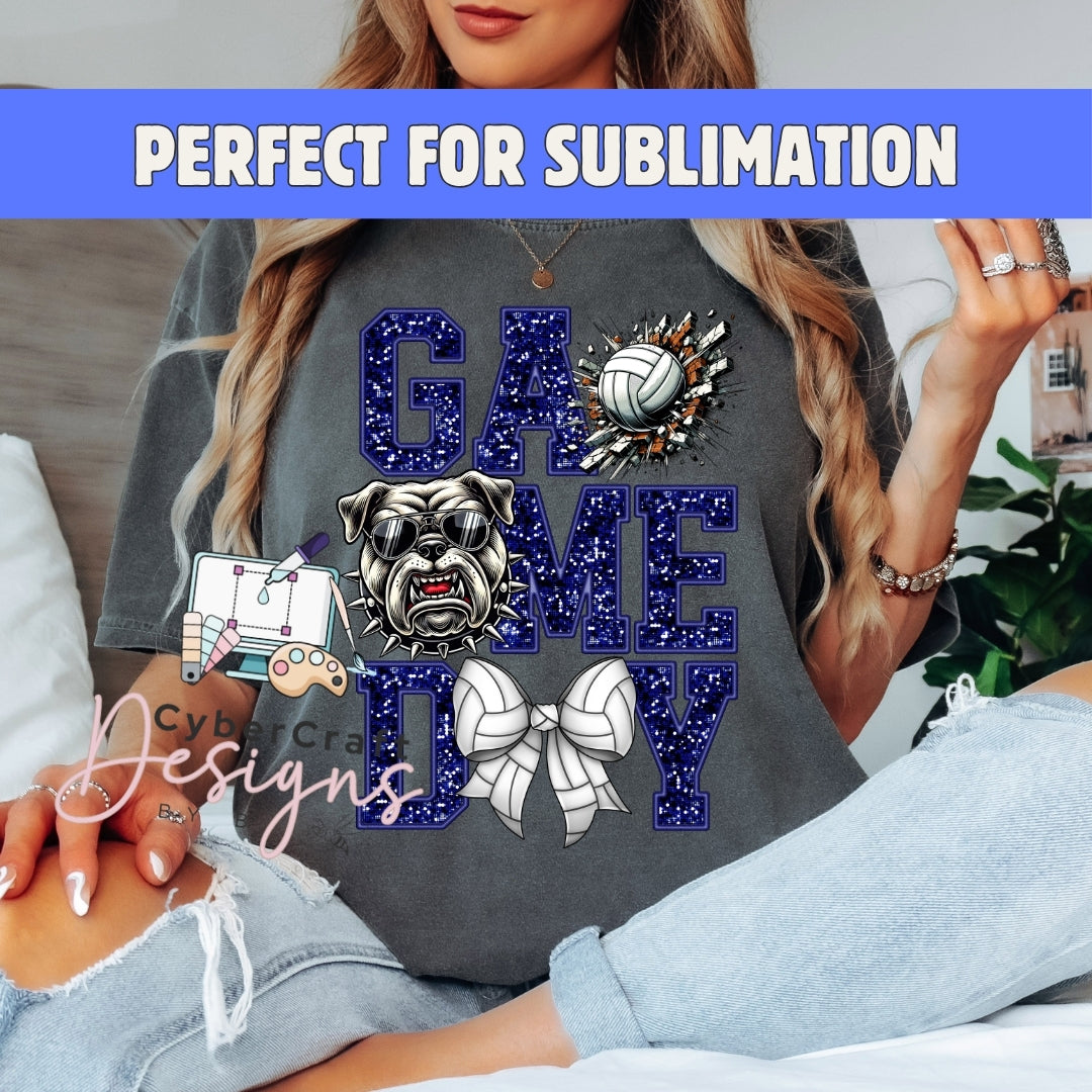 A woman wearing a dark gray t-shirt with a large 'GAME DAY' sublimation graphic featuring a bulldog, volleyball, and bow tie. A navy banner at the top reads 'PERFECT FOR SUBLIMATION' and a watermark 'CyberCraft Designs' is visible.