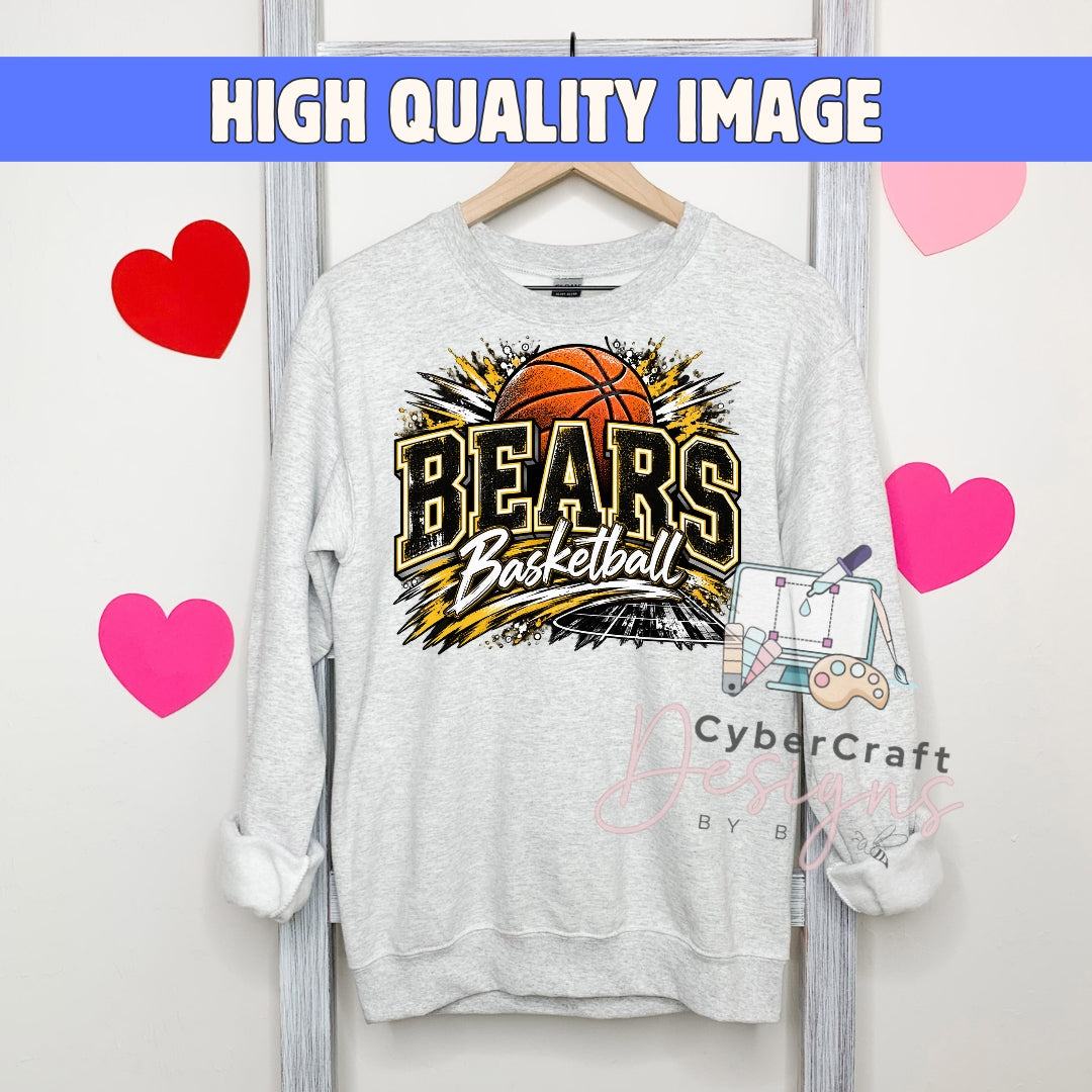High-quality Bears Basketball PNG graphic in black, gold, and white displayed on a gray sweatshirt with distressed varsity lettering, orange basketball, and energetic sports accents.