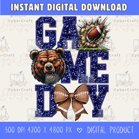 High-resolution Game Day Bears football PNG digital download with transparent background, navy glitter varsity lettering, football graphic, pirate mascot, football bow, 4200 x 4800 pixels, and 300 DPI for sublimation and printable crafts.