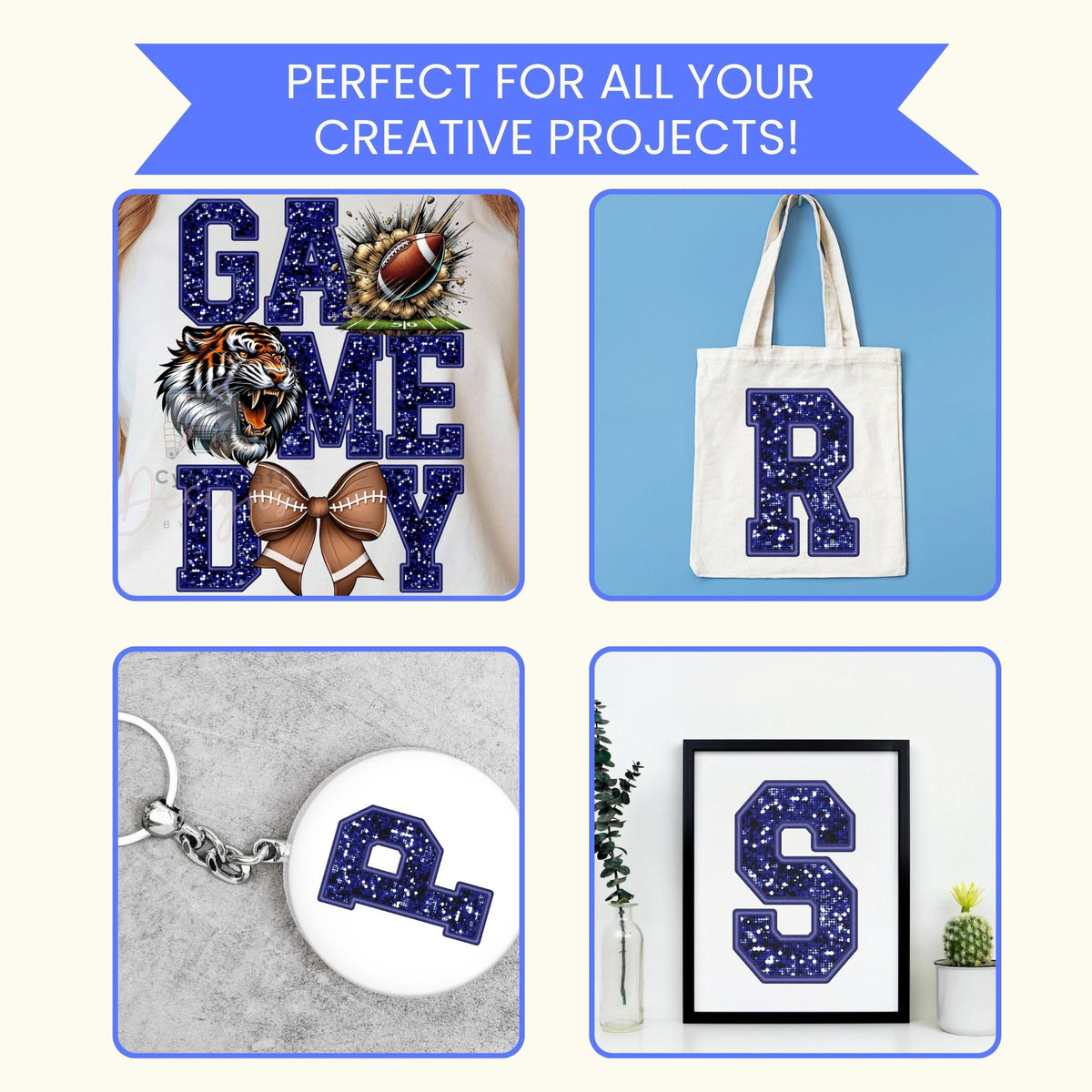 Navy Varsity Glitter Alphabet Clip Art Bundle PNG | A-Z Letters & 0-9 Numbers | Faux Glitter Varsity Letters | Commercial Use | Digital Download