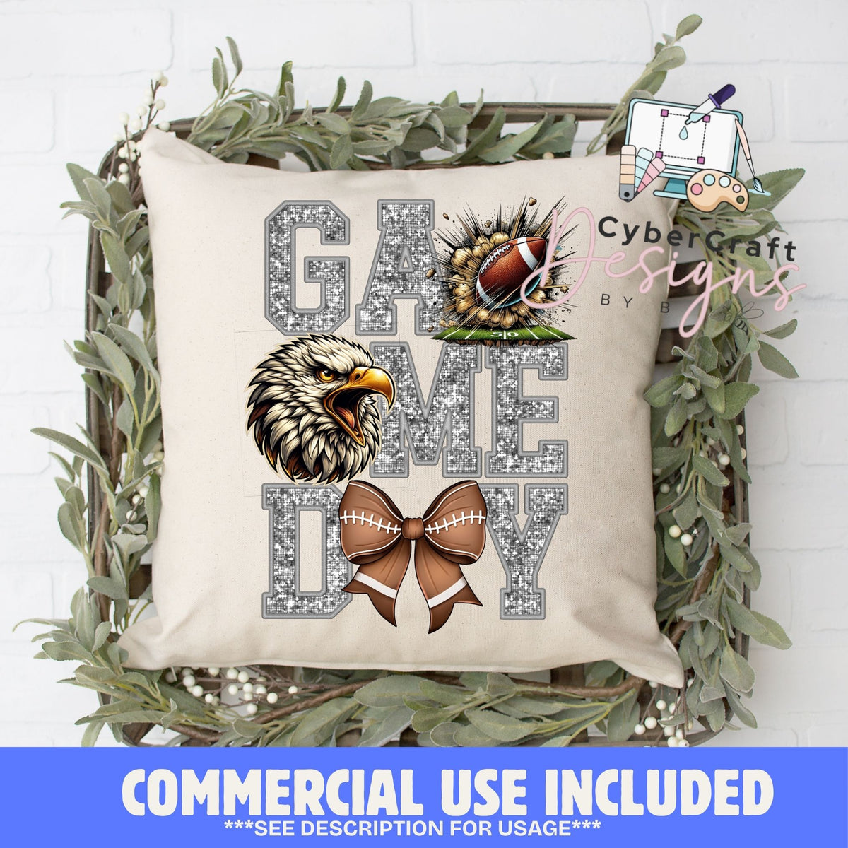 Digital PNG design displayed on a decorative pillow mockup showing one of many possible finished product applications.