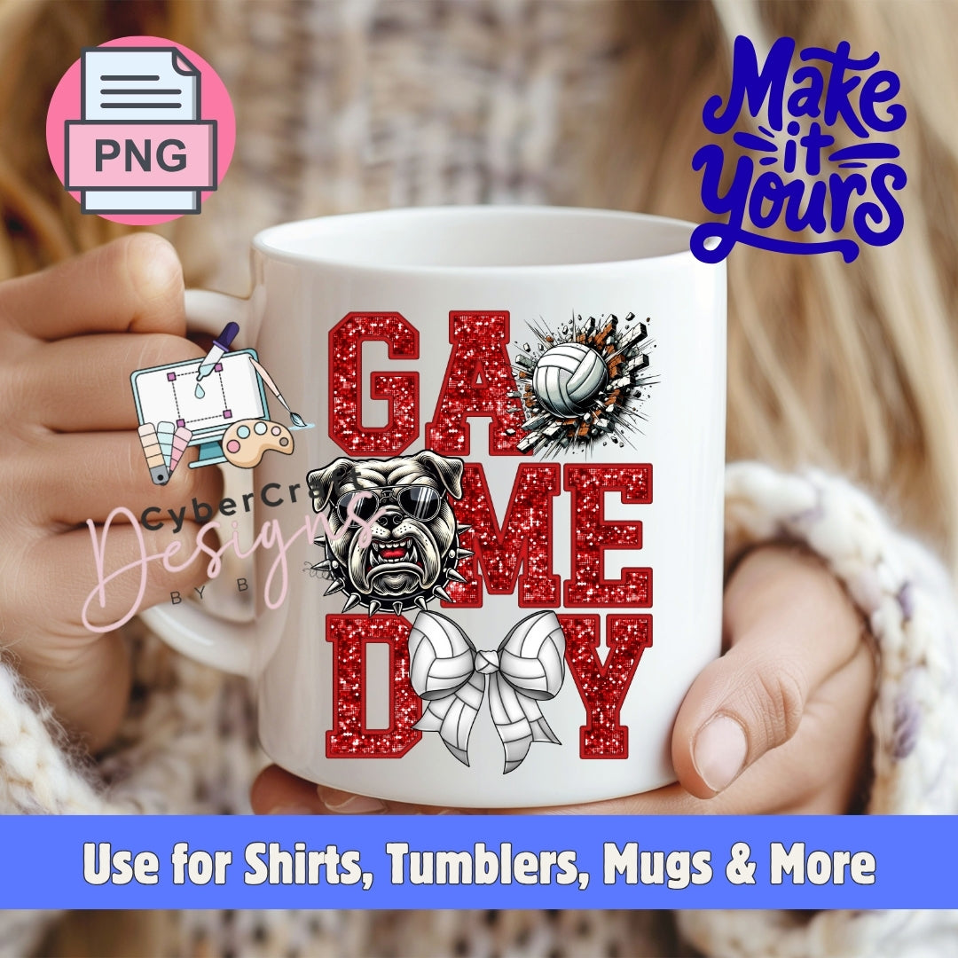 A white ceramic mug held by two hands, featuring a 'Game Day' graphic design with a bulldog, volleyball, and bow tie in red glitter-style lettering and black/white illustrations. The image includes promotional overlays for a PNG file and a design brand.