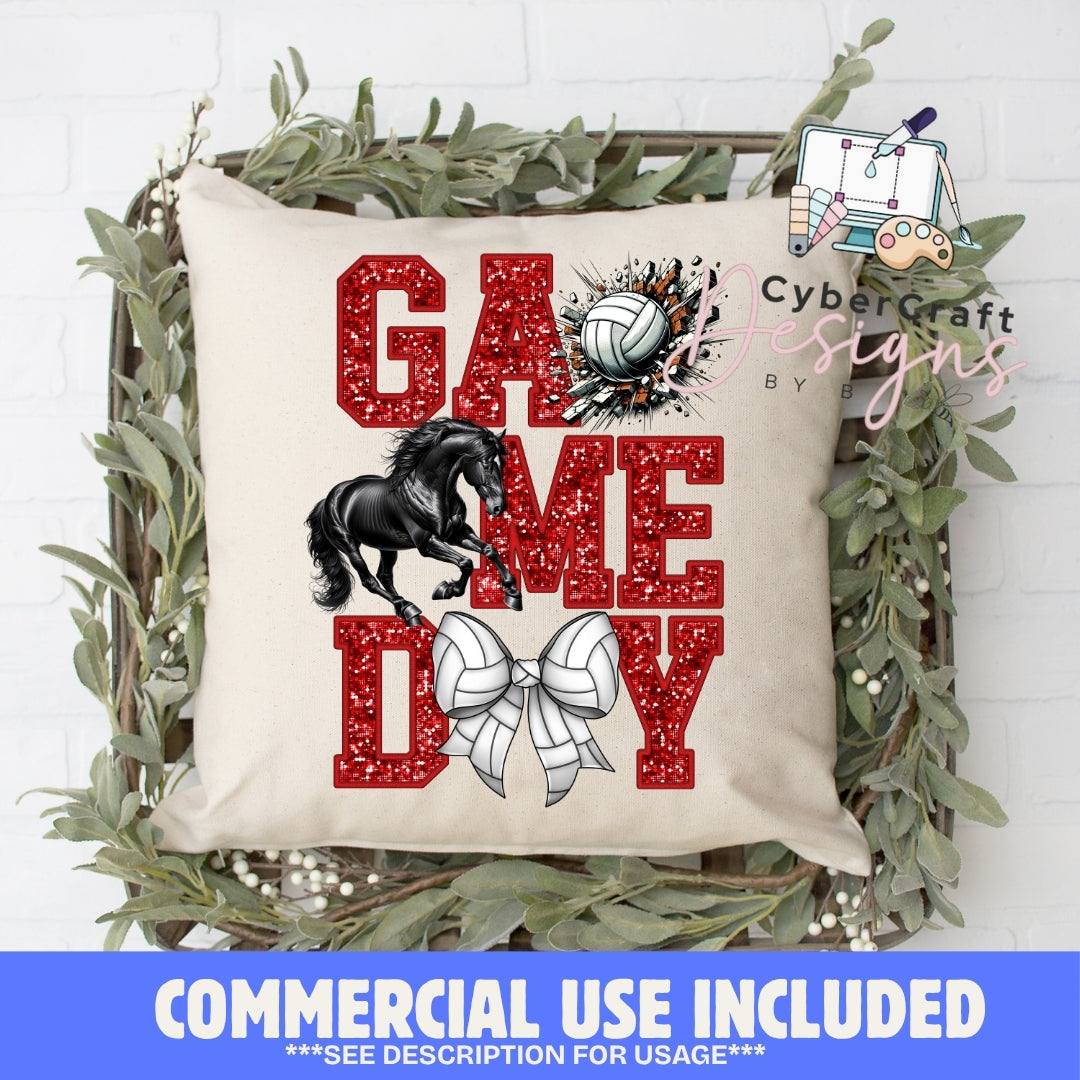A square decorative throw pillow displayed in a rustic wooden crate with greenery, featuring a 'Game Day' graphic with a black horse, volleyball, and white bow. A blue banner at the bottom reads 'COMMERCIAL USE INCLUDED'.