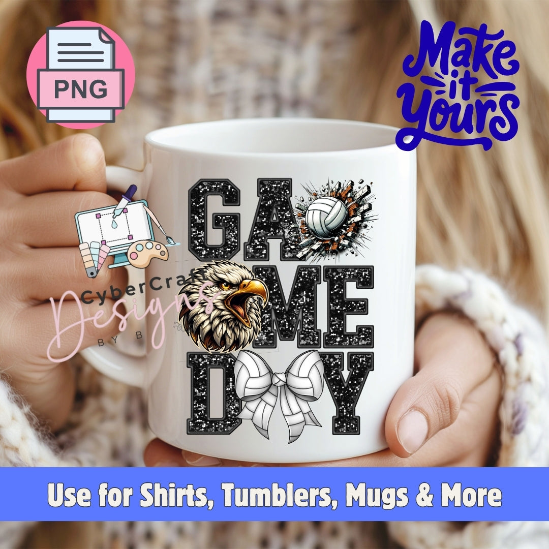 A white ceramic mug held by two hands, featuring a black glitter-style 'GAME TIME' design with a volleyball, eagle head, and bow tie graphic. The background shows a blurred indoor setting with a person wearing a knit sweater.