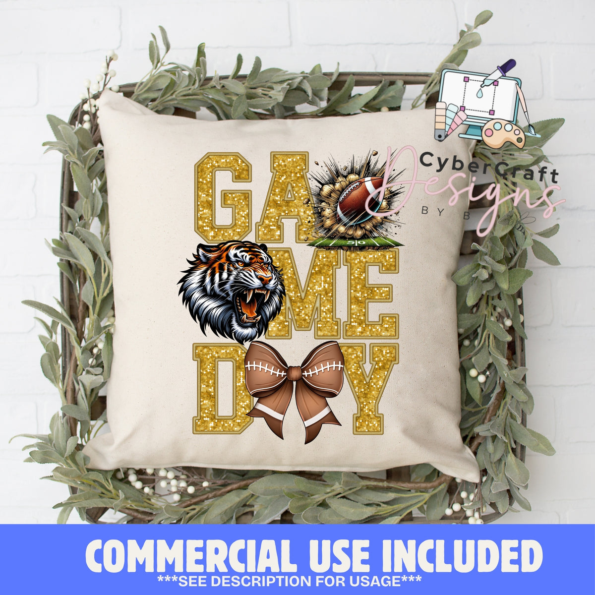 Digital PNG design displayed on a decorative pillow mockup showing one of many possible finished product applications.