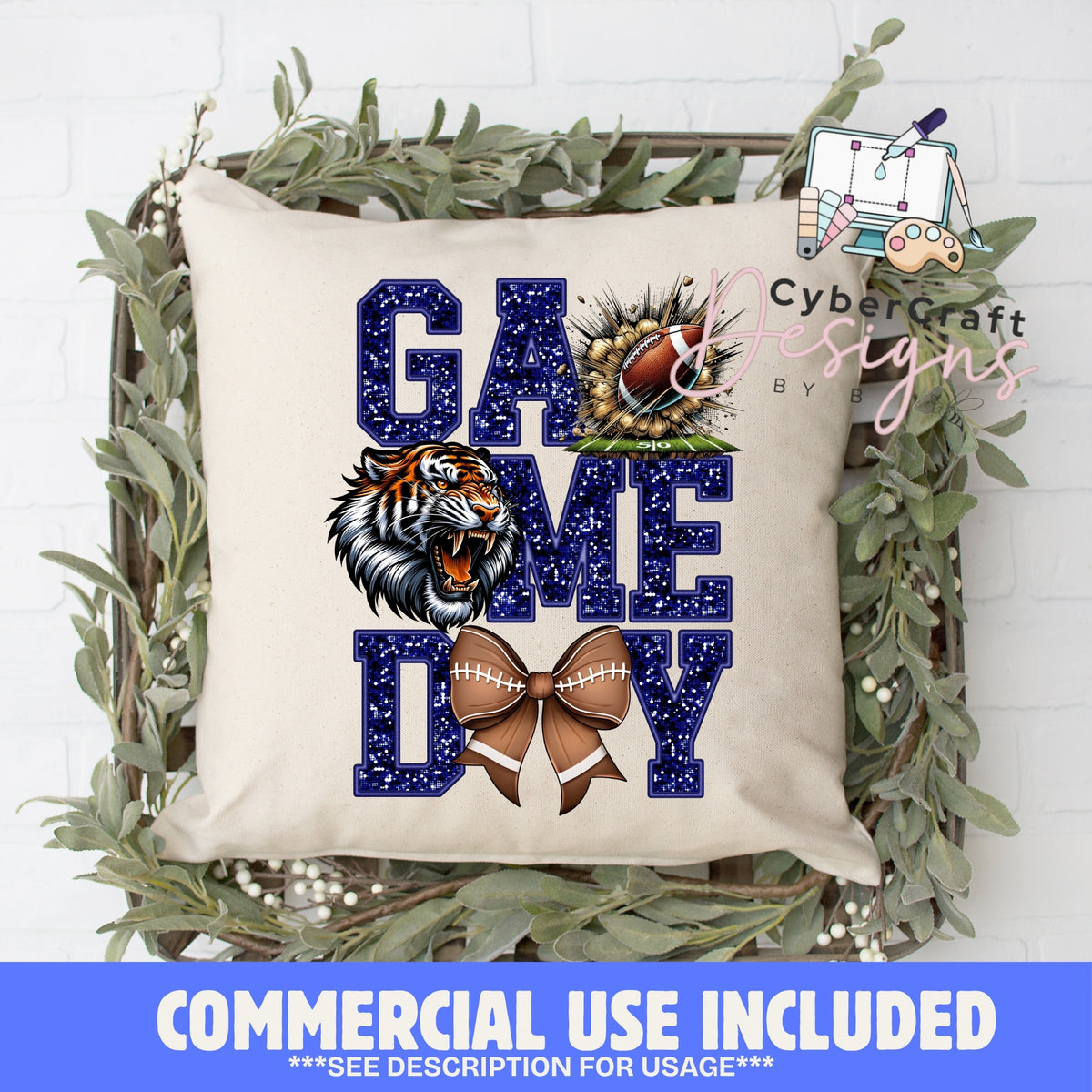 Digital PNG design displayed on a decorative pillow mockup showing one of many possible finished product applications.