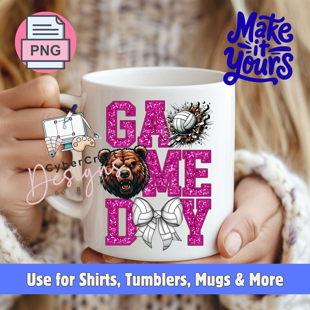 A white ceramic mug held by two hands, featuring a 'Game Day' design with glittery pink letters, a brown bear graphic, a volleyball, and a white bow. The image includes promotional overlays for a digital PNG file and a design brand.