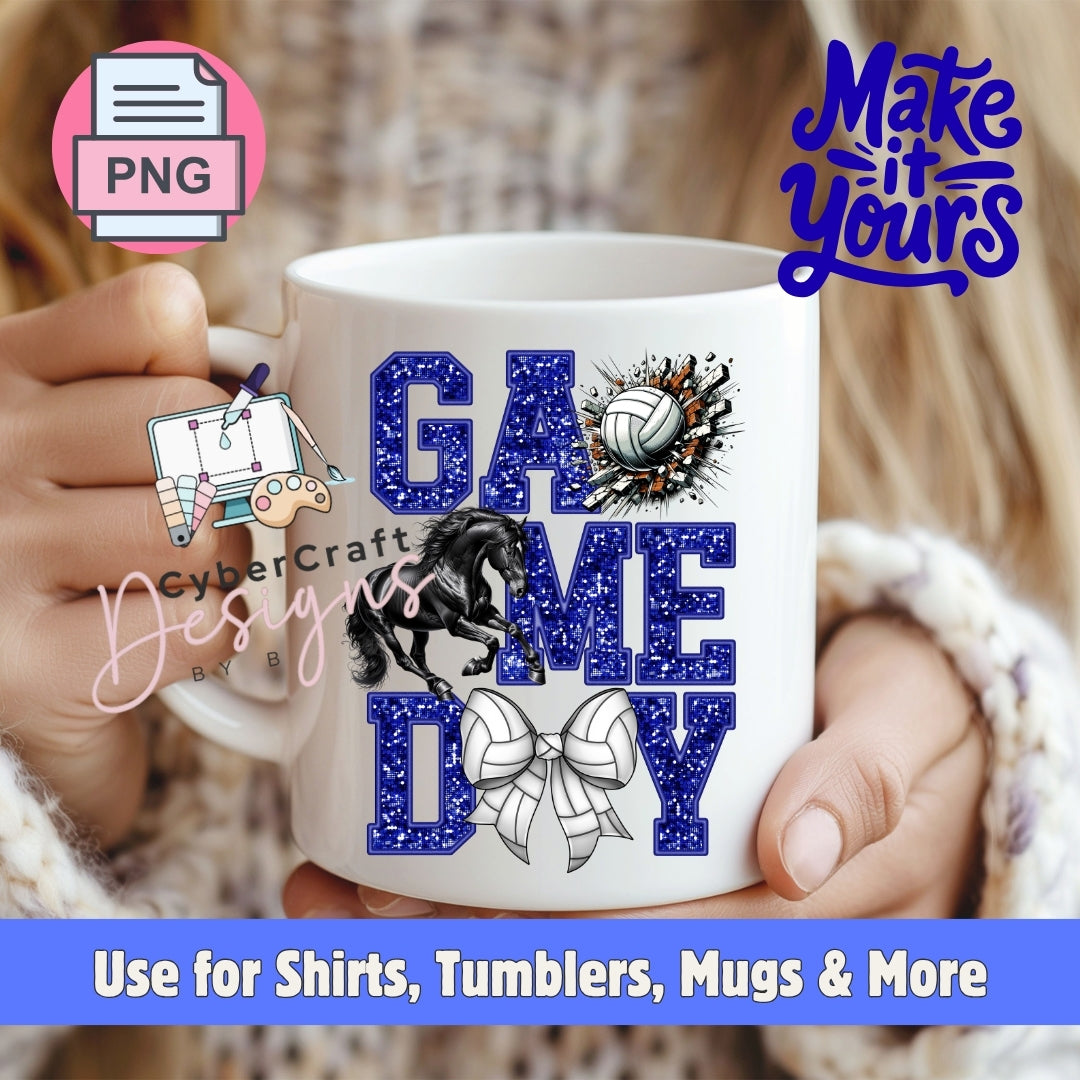 A white ceramic mug held by two hands, featuring a blue glitter-textured 'GAME DAY' design with a black horse, white volleyball, and white bow graphic. The background shows a blurred indoor setting with a person wearing a knit sweater.