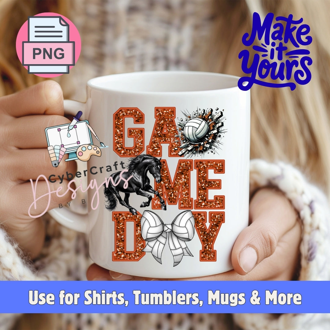 A white ceramic mug held by two hands, featuring a glittery orange 'GAME DAY' design with a black horse, white volleyball, and white bow tie graphic. The image includes promotional overlays for 'CyberCraft Designs' and 'Make it Yours'.