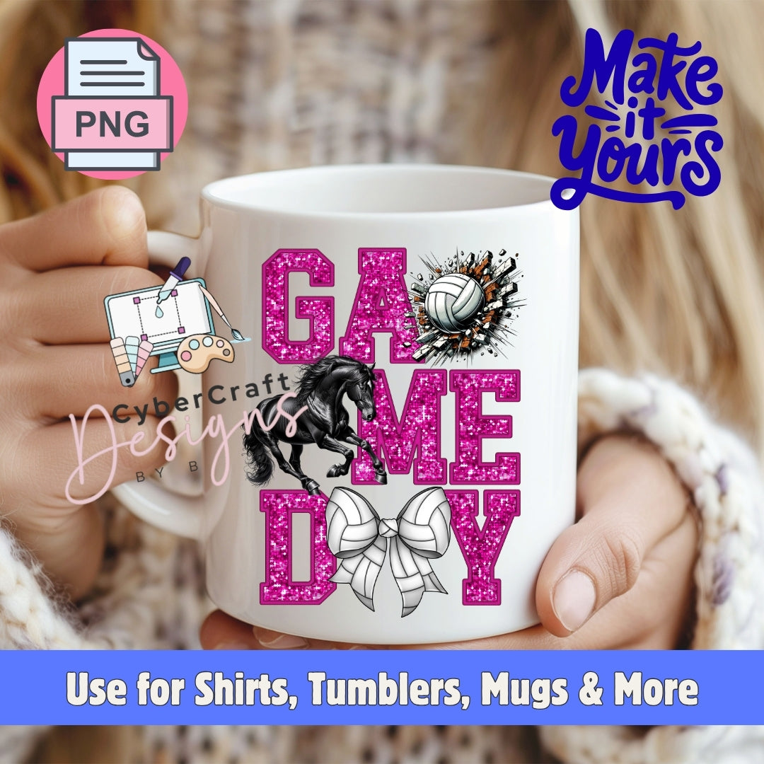 A white ceramic mug held by two hands, featuring a 'Game Day' graphic with pink glitter text, a black horse, a white volleyball, and a white bow. The background shows a blurred indoor setting with a person wearing a knit sweater.