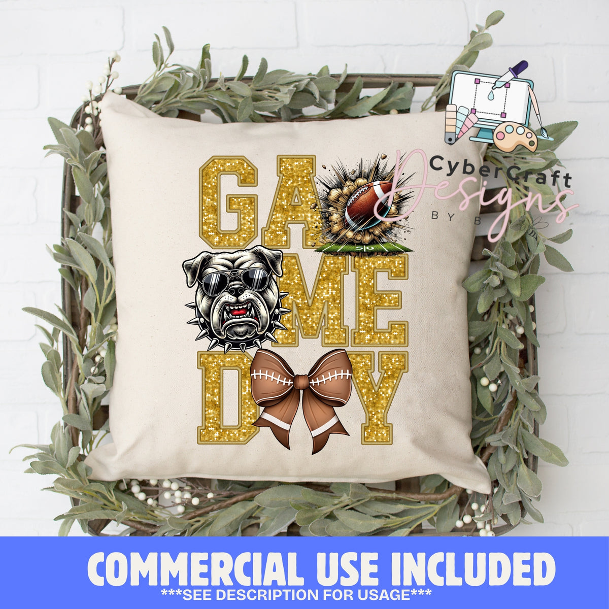 Digital PNG design displayed on a decorative pillow mockup showing one of many possible finished product applications.