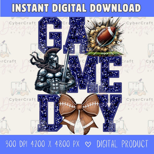 High-resolution Game Day Warrior football PNG digital download with transparent background, navy glitter varsity lettering, football graphic, pirate mascot, football bow, 4200 x 4800 pixels, and 300 DPI for sublimation and printable crafts.