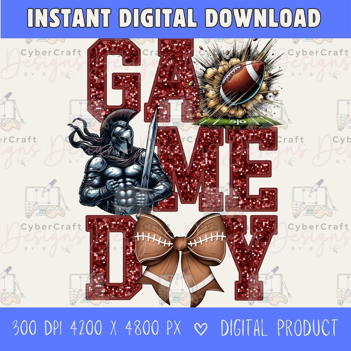 High-resolution Game Day Warrior football PNG digital download with transparent background, maroon glitter varsity lettering, football graphic, pirate mascot, football bow, 4200 x 4800 pixels, and 300 DPI for sublimation and printable crafts.