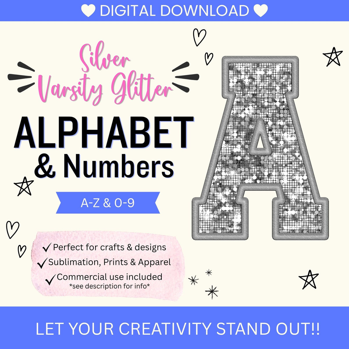 Silver Glitter Varsity Alphabet & Number Clip Art Bundle PNG | A-Z Letters & 0-9 Numbers | Commercial Use | Sublimation Alphabet | Digital Download