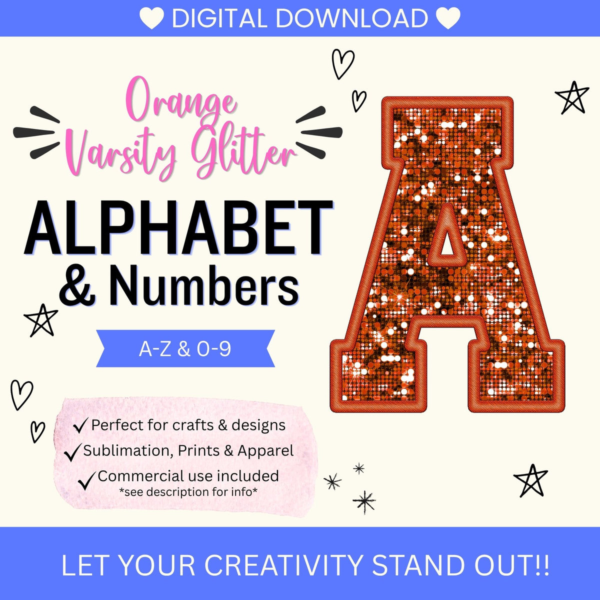Orange Glitter Varsity Alphabet & Number Clip Art Bundle PNG | A-Z Letters & 0-9 Numbers | Commercial Use | Sublimation Alphabet | Digital Download