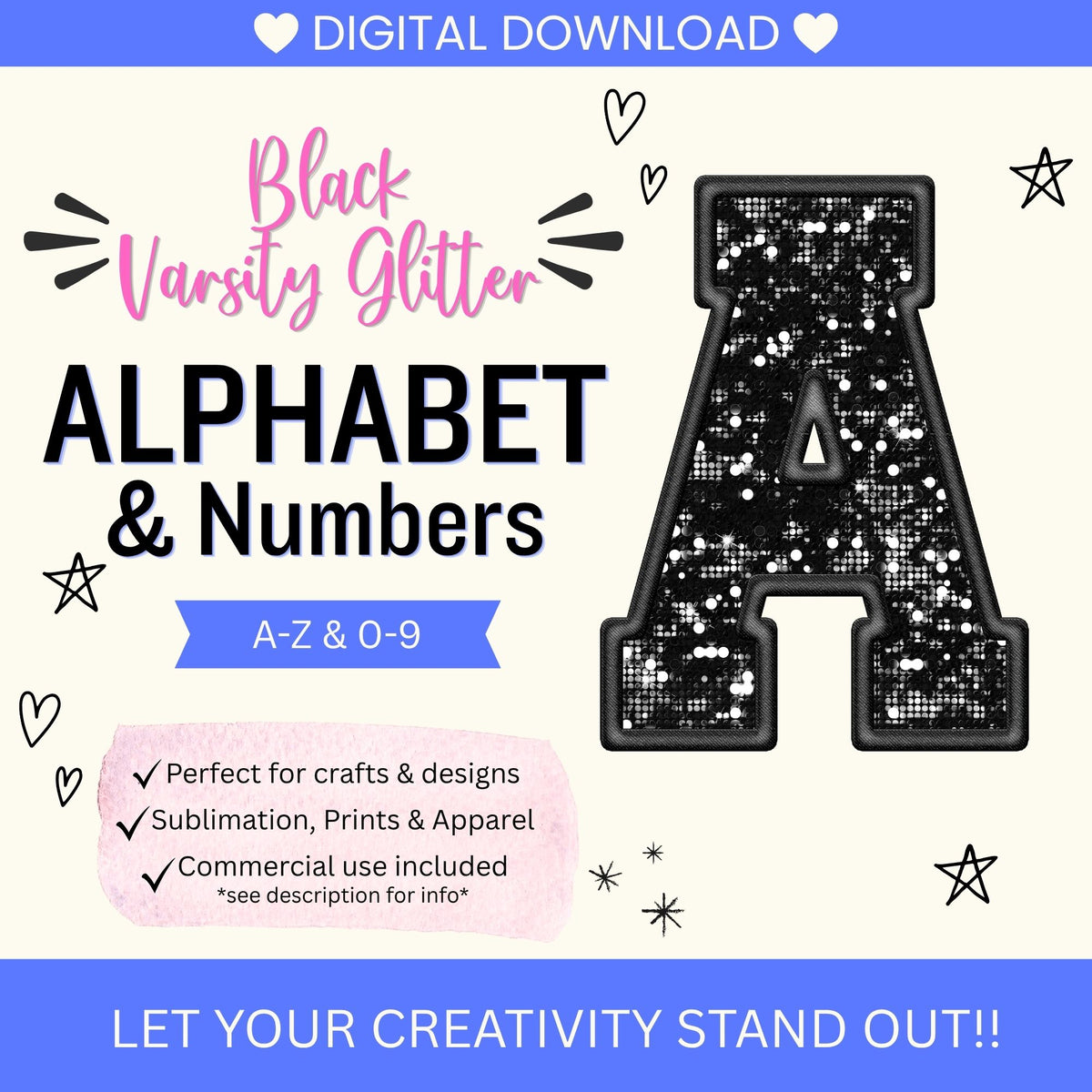 Black Faux Glitter Varsity Alphabet & Numbers PNG Bundle | A-Z Letters & 0-9 Clipart | Commercial Use | Sublimation Alphabet | Sports Monogram