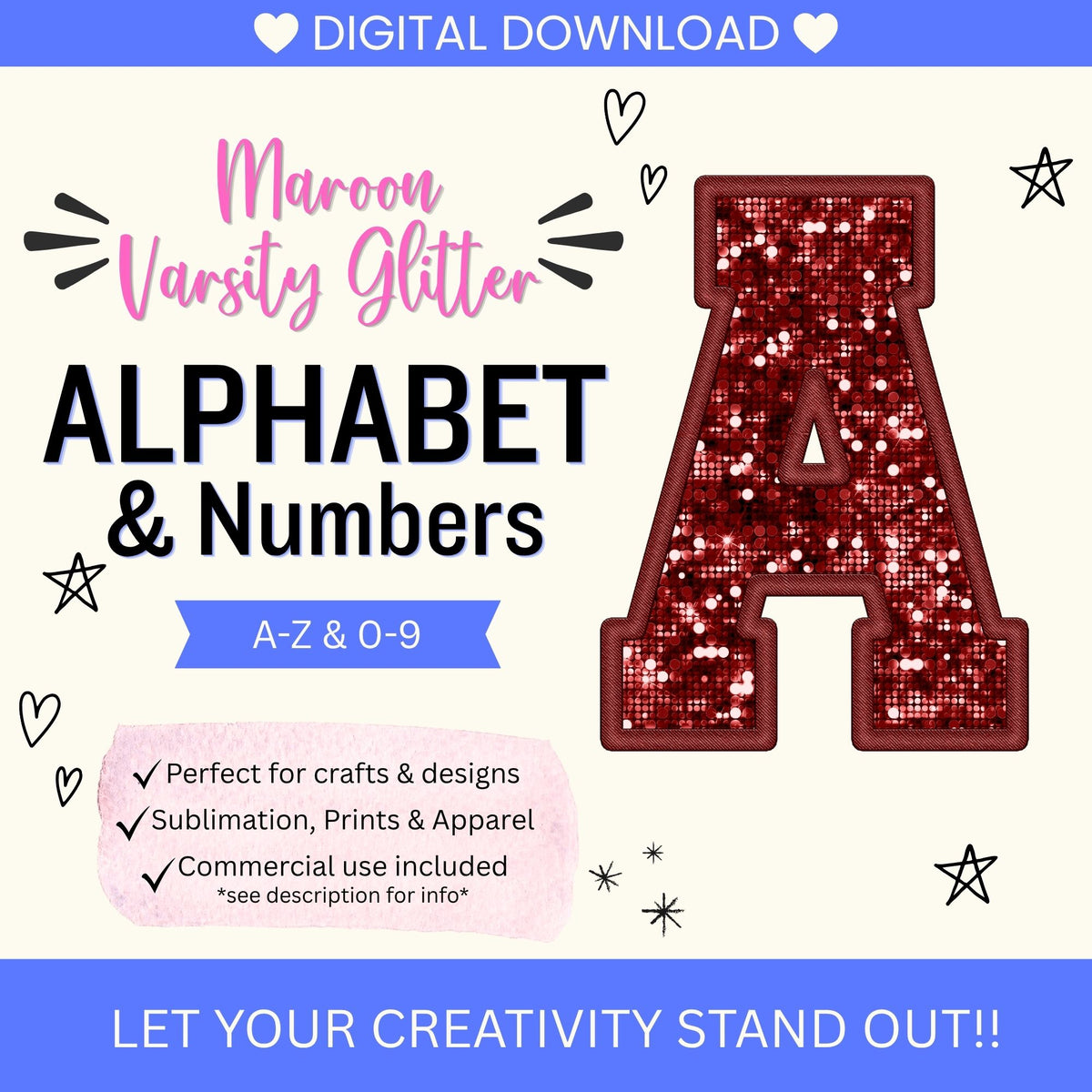 Maroon Varsity Glitter Alphabet Clip Art Bundle PNG | A-Z Letters & 0-9 Numbers | Faux Glitter Varsity Letters | Commercial Use | Digital Download