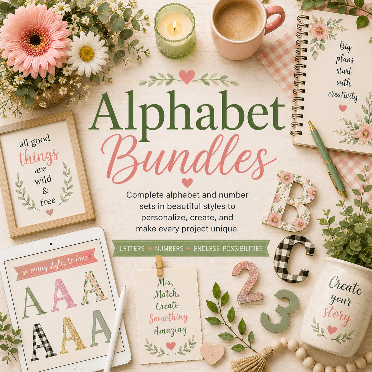 Pastel flat-lay collection banner featuring watercolor illustrations, flowers, notebooks, coffee, and creative supplies on a light wood background surrounding the title "Alphabet Bundles."