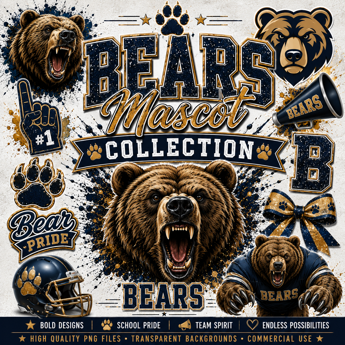 Bears Mascot Collection featuring fierce bear school spirit PNG designs, mascot graphics, varsity-style artwork, and high-quality digital downloads for sublimation, custom apparel, and DIY crafts.