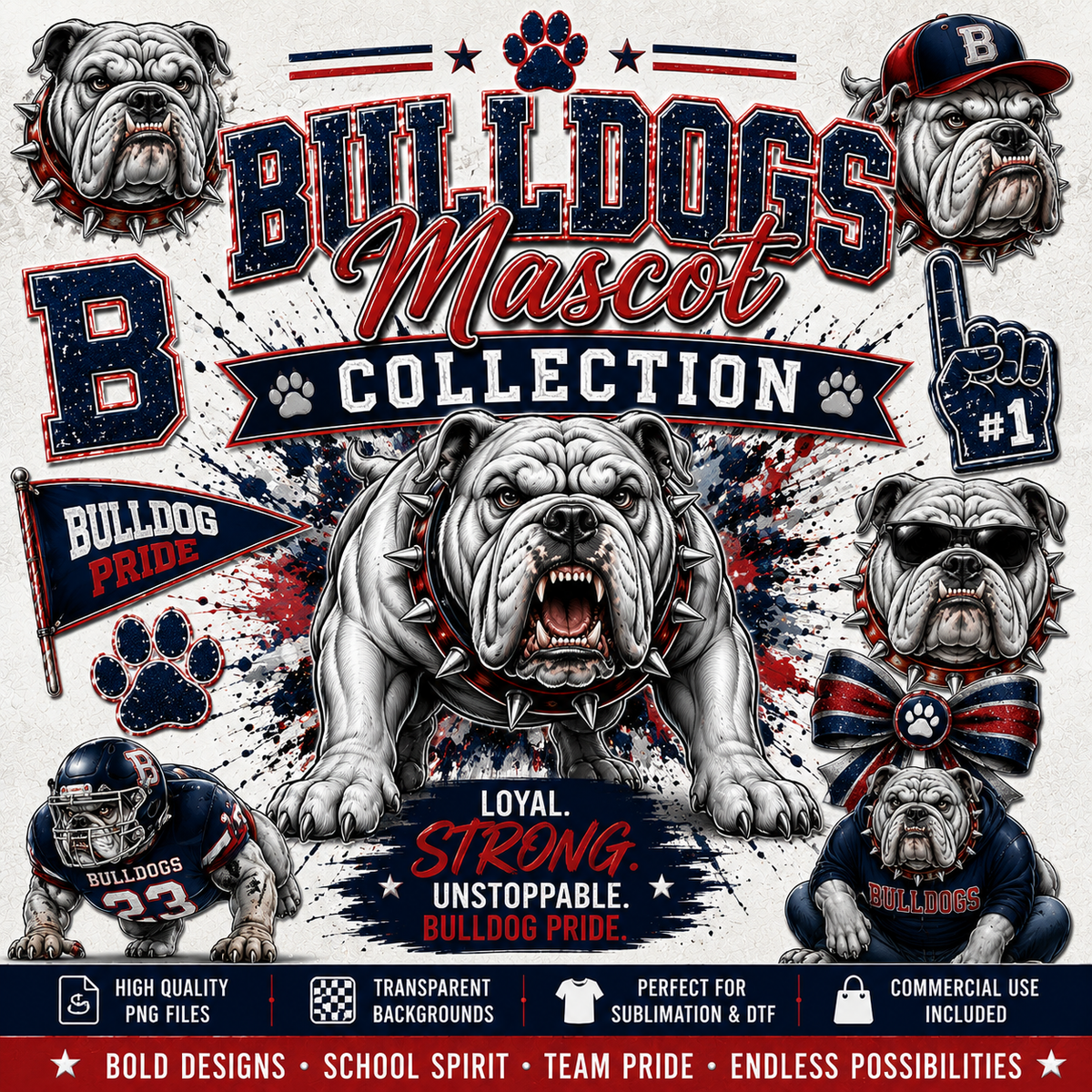 Bulldogs Mascot Collection featuring fierce bulldog school spirit PNG designs, mascot graphics, varsity-style artwork, and high-quality digital downloads for sublimation, custom apparel, and DIY crafts.