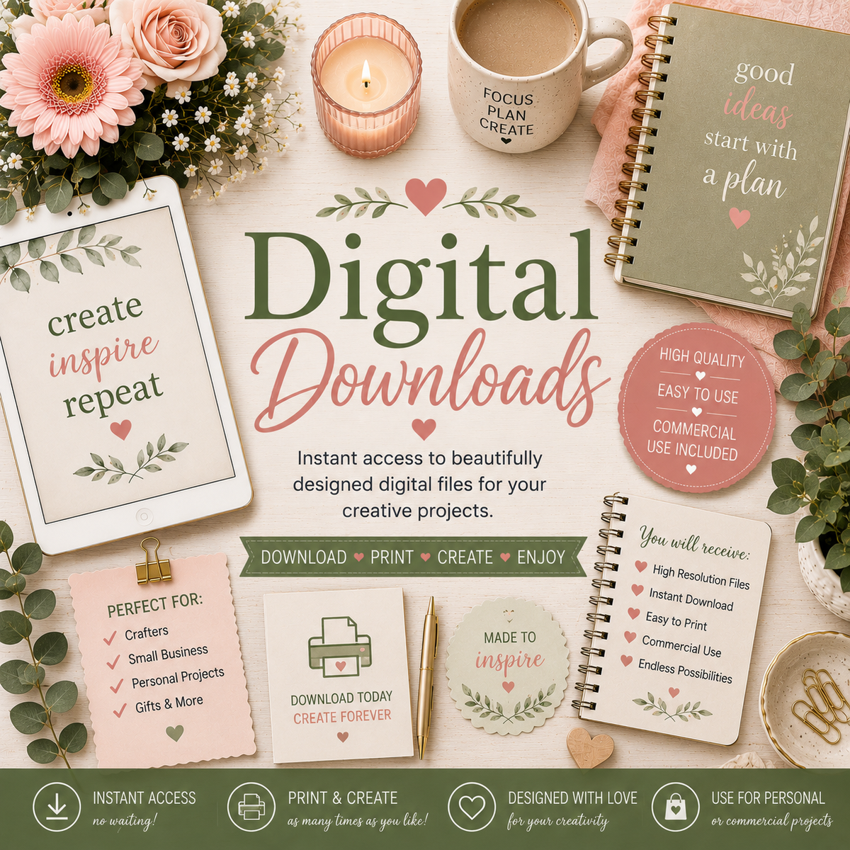 Pastel flat-lay collection banner featuring watercolor illustrations, flowers, notebooks, coffee, and creative supplies on a light wood background surrounding the title "Digital Downloads."