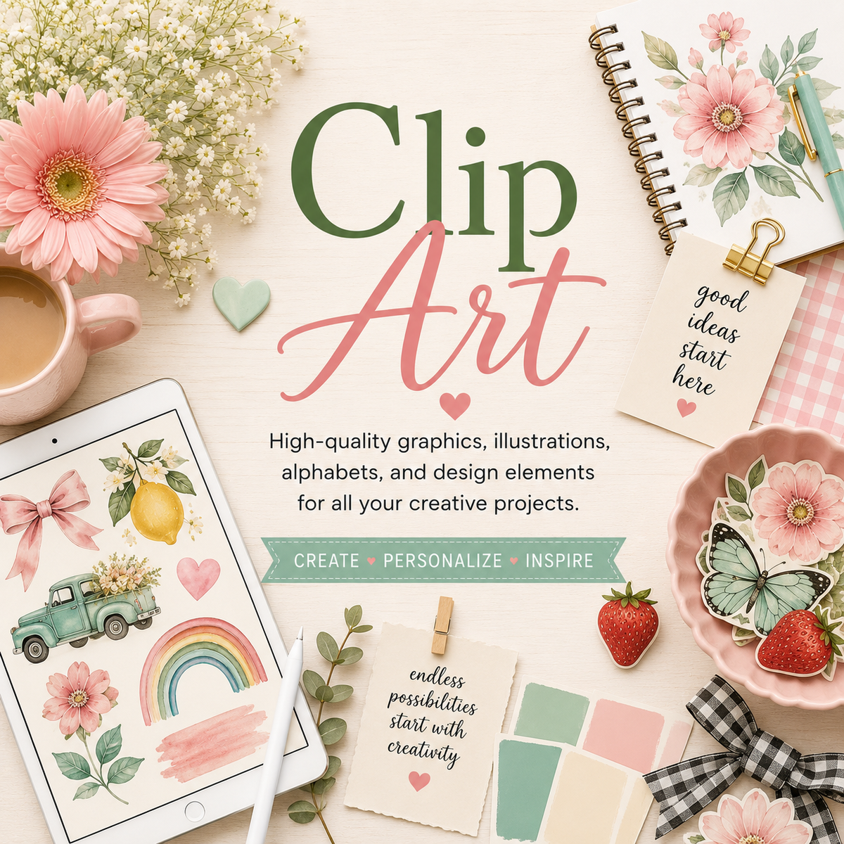 Pastel flat-lay collection banner with watercolor clip art, flowers, notebooks, coffee, strawberries, and creative supplies surrounding the title "Clip Art" on a light wood background.