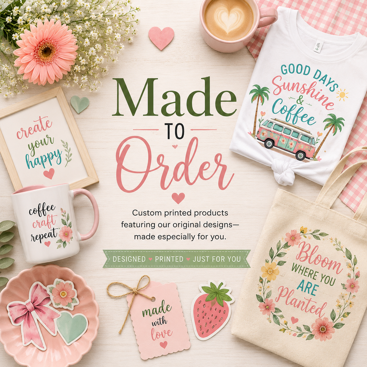 Pastel flat-lay collection banner featuring watercolor illustrations, flowers, notebooks, coffee, and creative supplies on a light wood background surrounding the title "Made to Order."