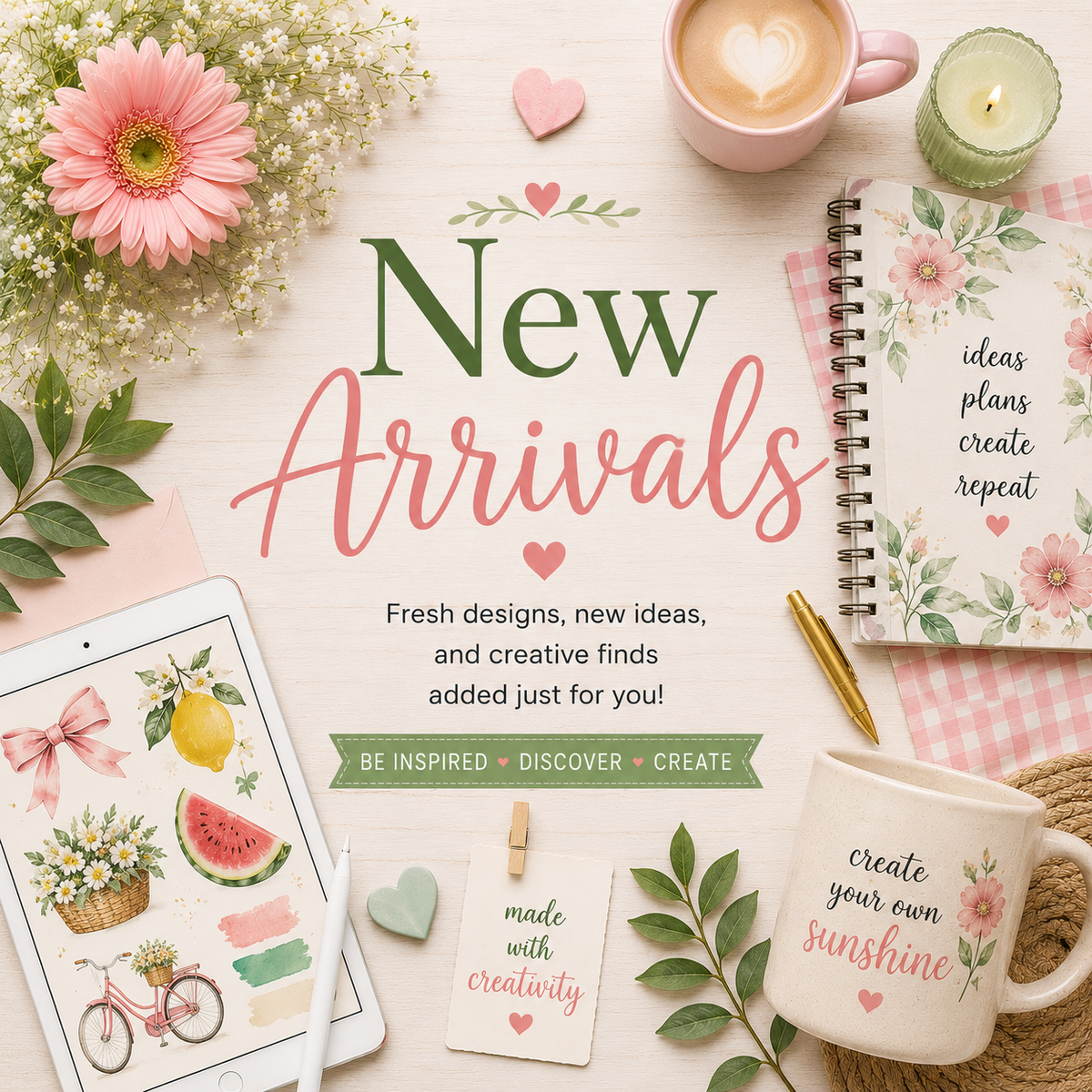 Pastel flat-lay collection banner featuring watercolor illustrations, flowers, notebooks, coffee, and creative supplies on a light wood background surrounding the title "New Arrivals."