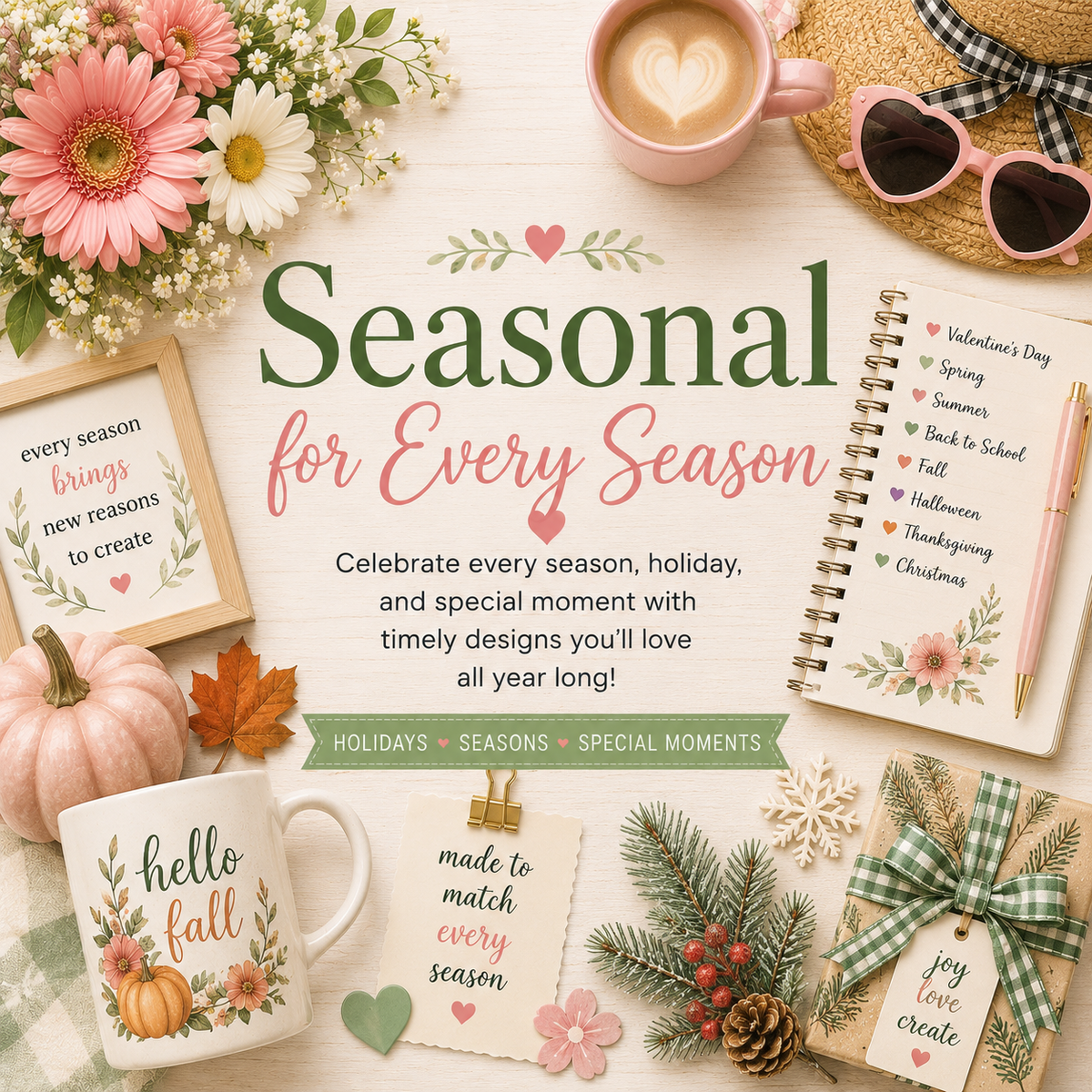 Pastel flat-lay collection banner featuring watercolor illustrations, flowers, notebooks, coffee, and creative supplies on a light wood background surrounding the title "Seasonal."