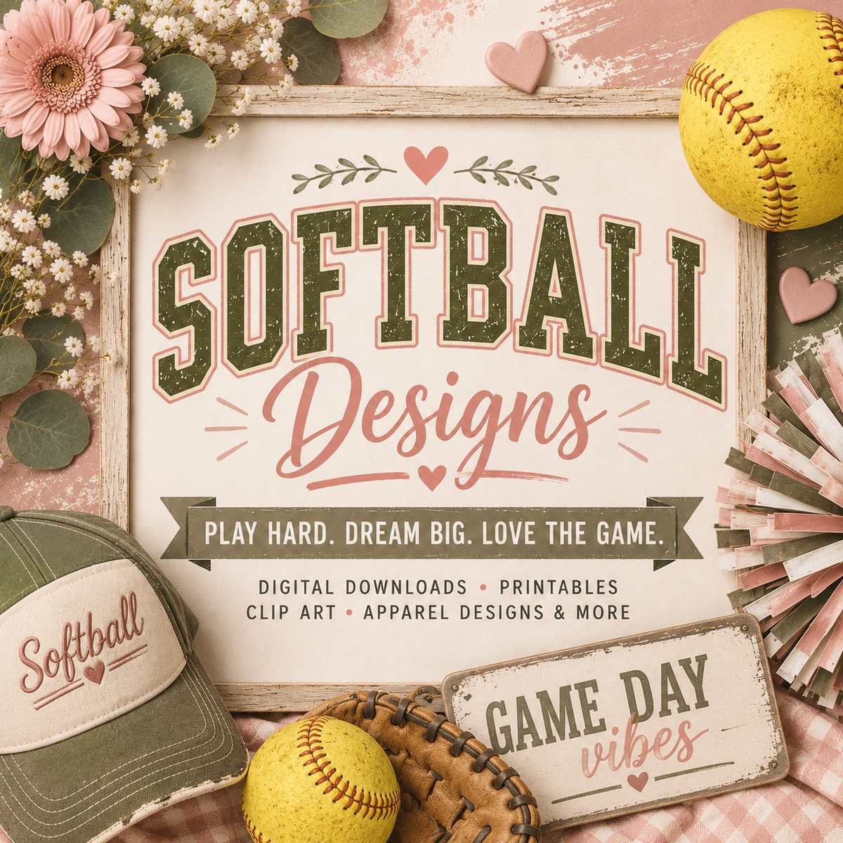 Softball collection image with vintage softball decor, glove, softball, florals, pom poms, and rustic "Softball Designs" sign in blush, cream, sage, and gold tones.