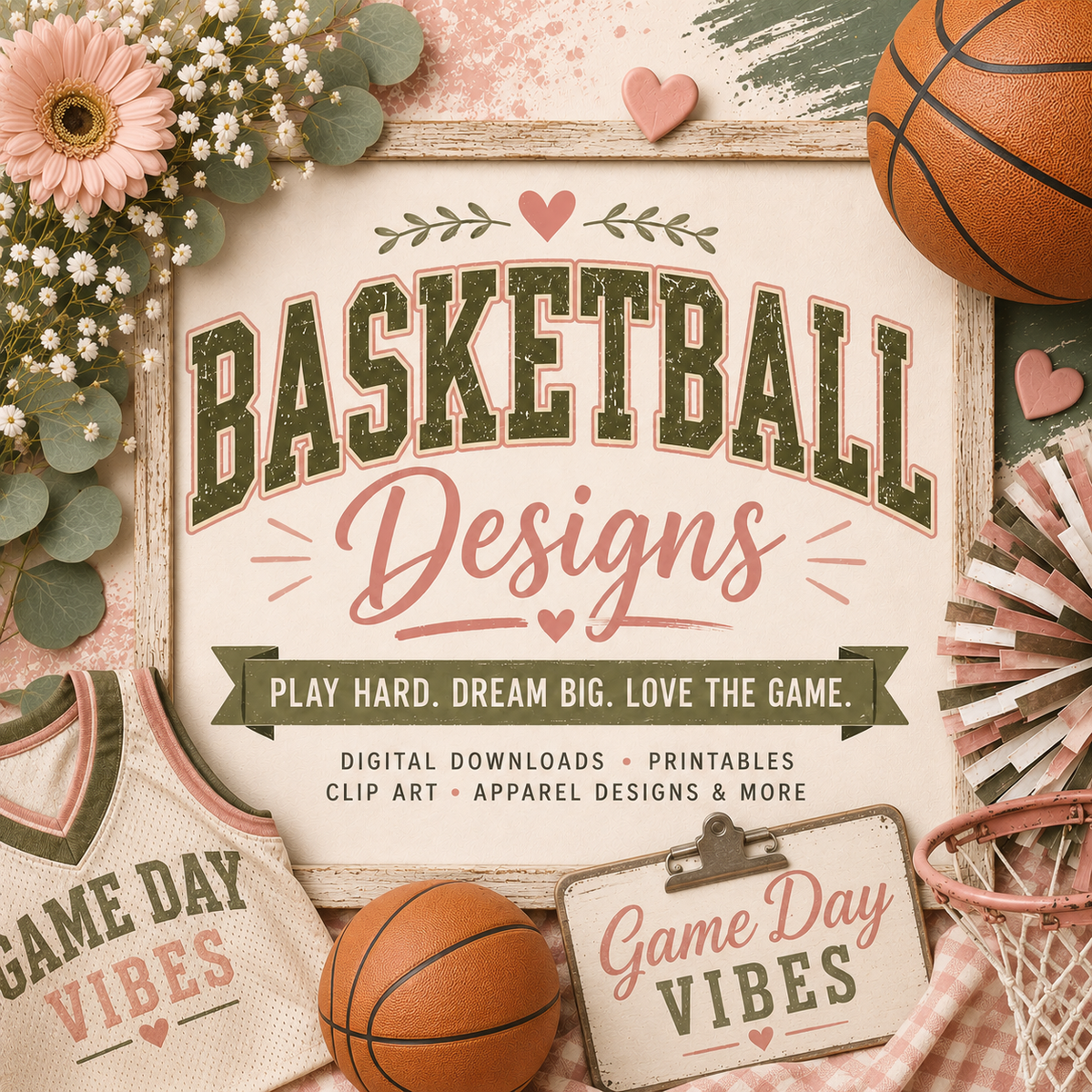 Basketball collection image with vintage basketball decor, jersey, basketball, hoop, florals, and rustic "Basketball Designs" sign in blush, cream, sage, and orange tones.