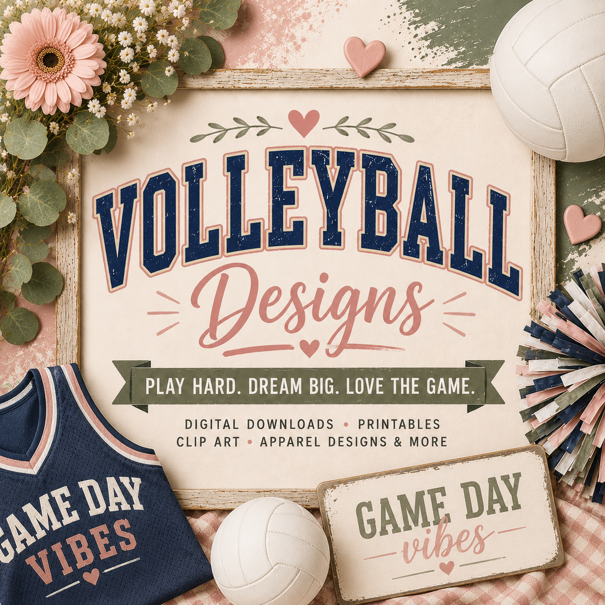 Volleyball collection image with vintage volleyball decor, jersey, volleyball, florals, pom poms, and rustic "Volleyball Designs" sign in blush, cream, sage, and navy tones.