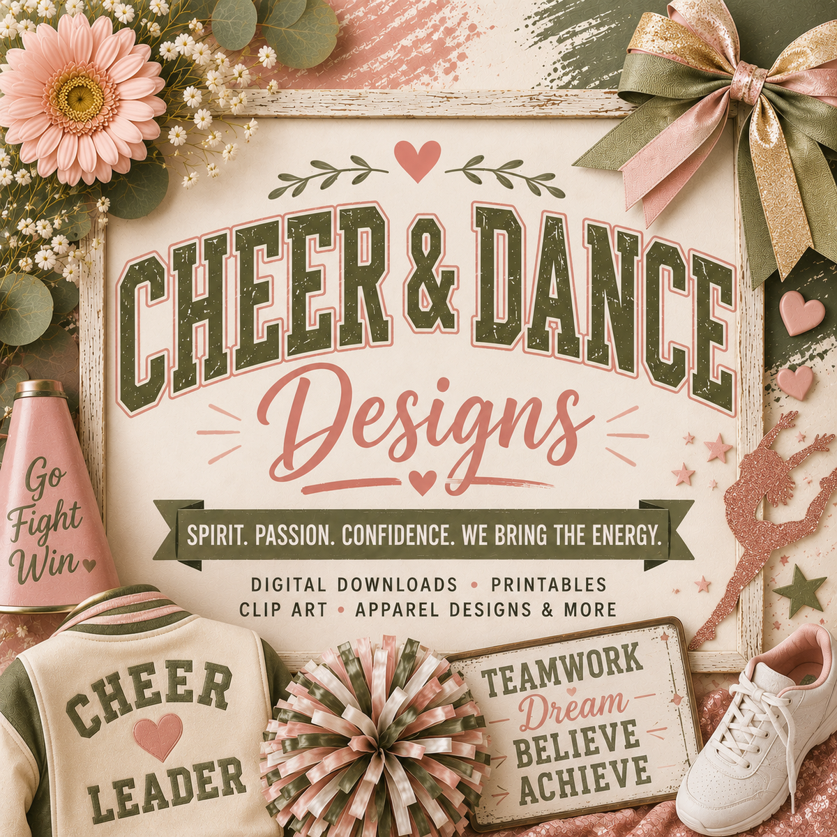 Cheer and dance collection image with pom poms, cheer uniform, dance silhouette, bow, florals, and rustic "Cheer & Dance Designs" sign in blush, cream, sage, and gold tones.
